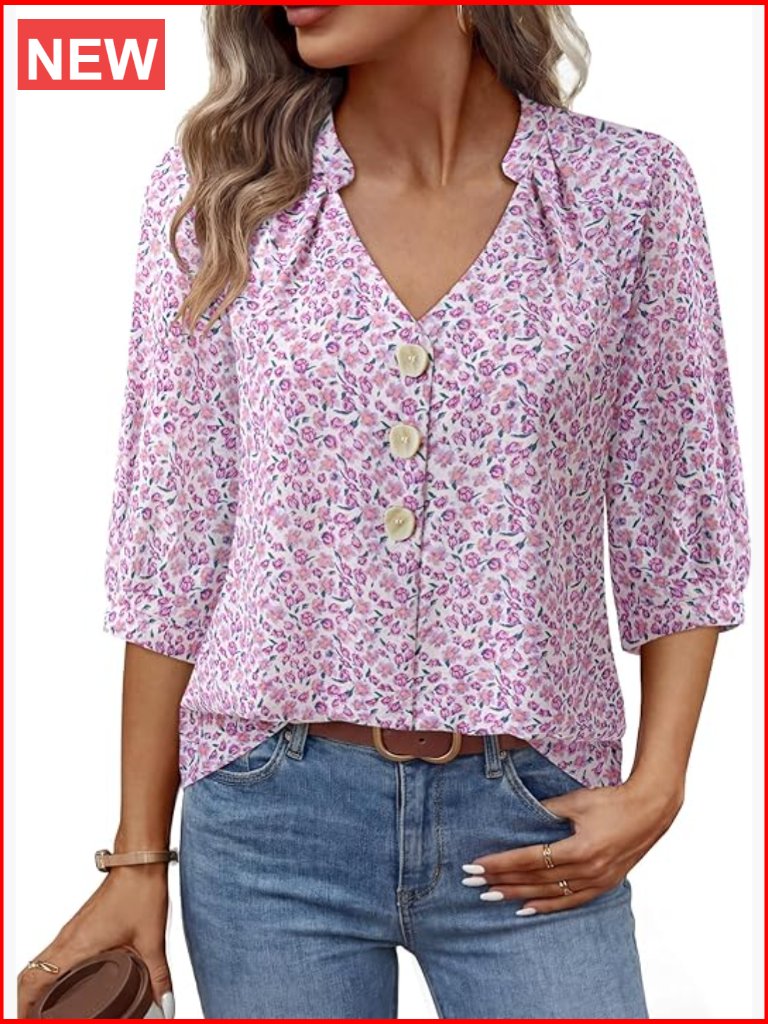 Women's 3/4 Sleeve Chiffon Blouse V Neck Business Work Top